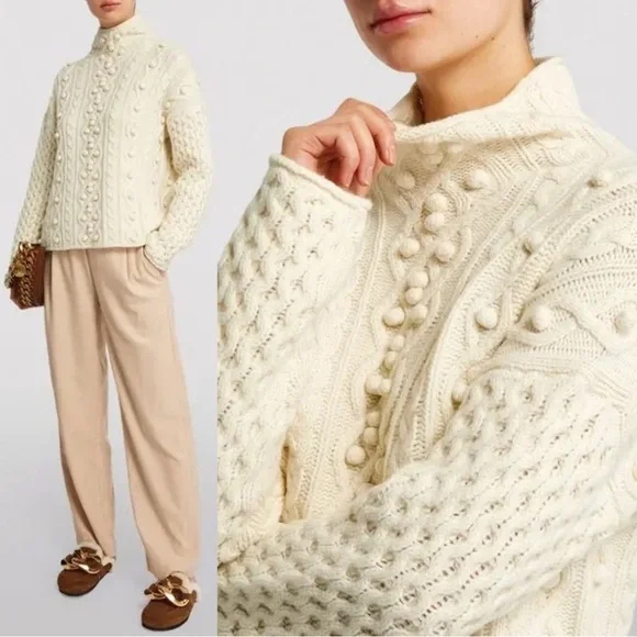 Theory Wool Cashmere Mixed Cable Knit Pom Pom Sweater Size Small NWT Ivory